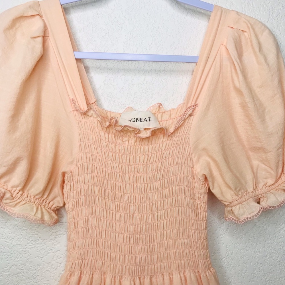THE GREAT. The Scallop Savanna Dress in Light Peach - Picture 6 of 14